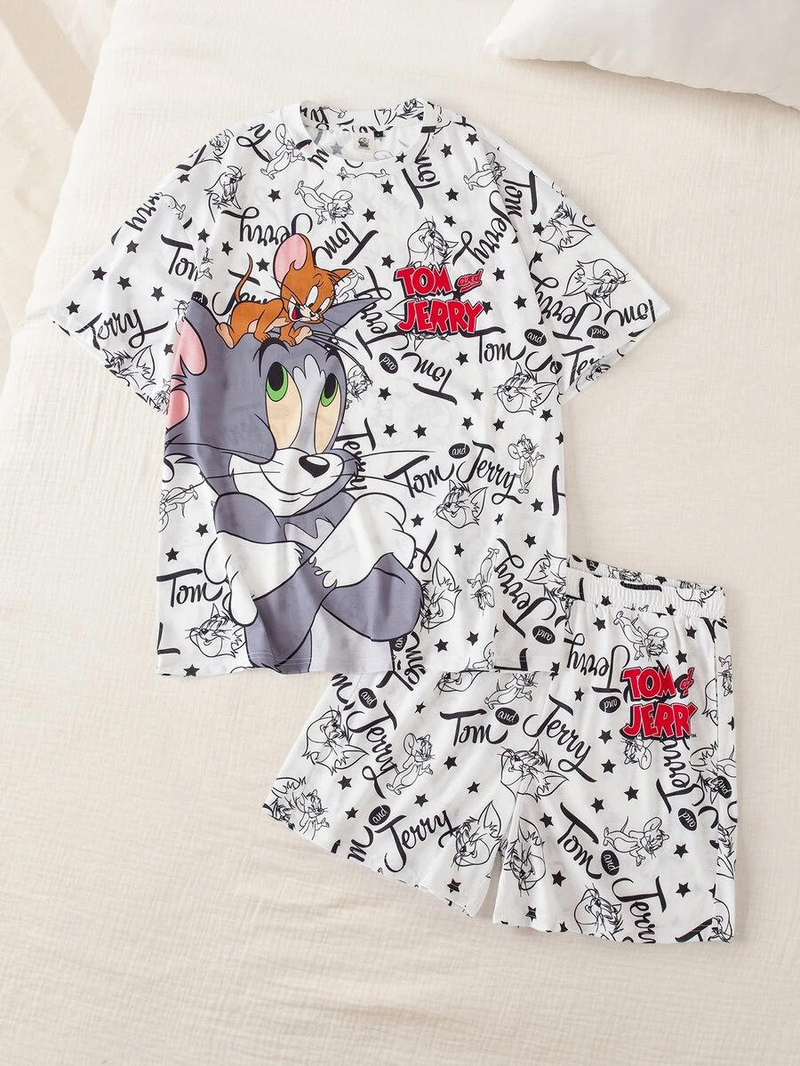 TOM & JERRY X SHEIN Men's Cartoon Print Short Sleeve Crew Neck T-Shirt And Shorts Loungewear Set - White - View 1