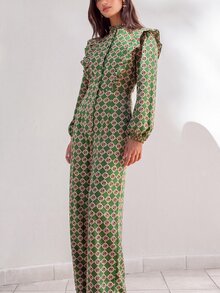 Nöista Geometric Print Ruffle Trim Jumpsuit - Green - View 1