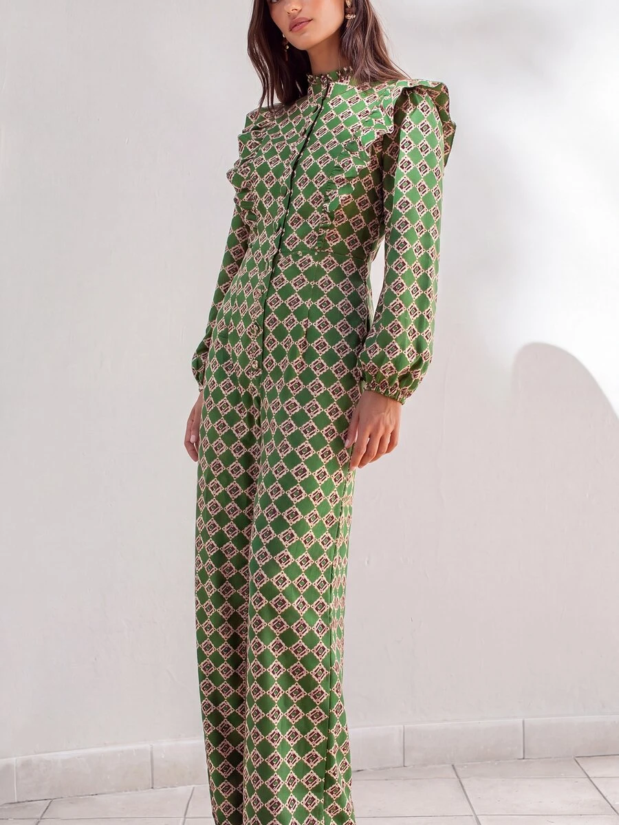 Nöista Geometric Print Ruffle Trim Jumpsuit - Green - View 1