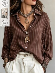 Ceyna Plus Size Brown Striped Cotton Blend Vintage Single-Breasted Button-Down Long Sleeve Shirt, Versatile Outerwear And Inner Layer For Women, Autumn/Winter - Coffee Brown - View 3