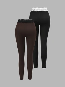 Sweetra Y2K Sexy Lace Patchwork Versatile Casual Preppy Style Leggings - Multicolor - View 2