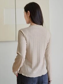 Dazy-Less Women's Korean Style Button Pleated Textured T-Shirt - Blue - View 2