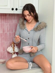 SweetSlumber Women's Comfortable Knitted Ribbed Autumn/Winter Pajama Romper - Grey - View 5