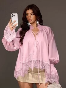 Viva Relle Plus Size Women's Lace Patchwork Petal Sleeve Frill Trim Sweet Pure Style Blouse - Pink - View 1