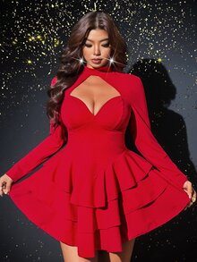 Viva Relle Plus-Size Sexy Red Lace-Up Dress - Red - View 4