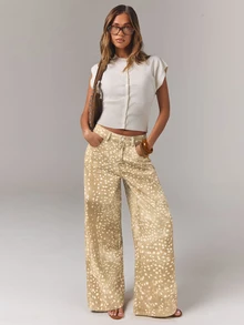 Athîral Denim Women's Casual Versatile All-Over Print Button Pocket Denim Long Pants For Daily Outings - Beige - View 3