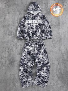 SHEIN 兒童青少年男孩休閒連帽衫與運動長褲套裝，大字母與乾葉圖案，喇叭褲腿，適合秋冬、學校、家庭聚會，秋季穿搭、冬季穿搭，男孩套裝 - 彩色 - 查看 2