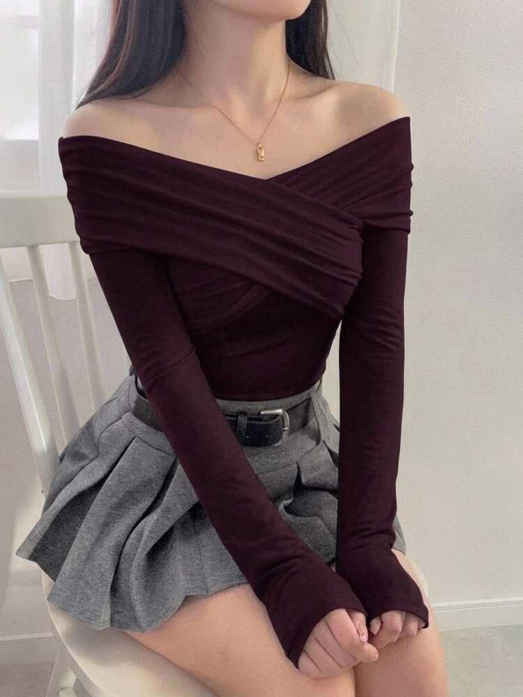 DAZY Solid Off Shoulder Cross Wrap Tee Preppy Tops Long Sleeve Women Tops,Fall Women Clothes Going Out Tops - Purple - View 7