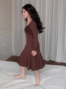 Dazy Kids Tween Girl Polka Dot Bowknot Design Long Sleeve Cinched Waist A-Line Dress Loungewear - Brown - View 4
