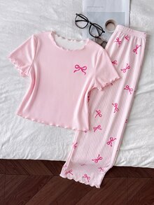 SHEIN Tween Girl Pajamas, Simple Cute Retro Polka Dot Cartoon Bear Pattern, Round Neck Short Sleeve Long Pants With Ruffle Hem, - Pink - View 5
