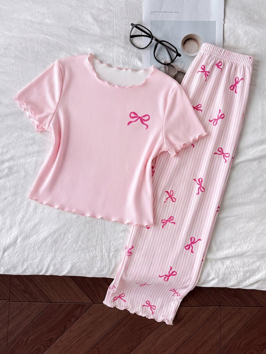 SHEIN Tween Girl Pajamas, Simple Cute Retro Polka Dot Cartoon Bear Pattern, Round Neck Short Sleeve Long Pants With Ruffle Hem, - Pink - View 1