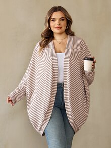 SHEIN CURVE+ Plus Size Women Casual Loose Striped Knit Cardigan Jacket - Apricot - View 4