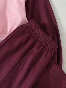 SHEIN 青少年女孩拼色抓絨內裡連帽衛衣套裝 可愛蝴蝶結圖案假兩件式衛衣與寬腿褲 2件組 秋冬保暖套裝 - 酒紅色 - 查看 4
