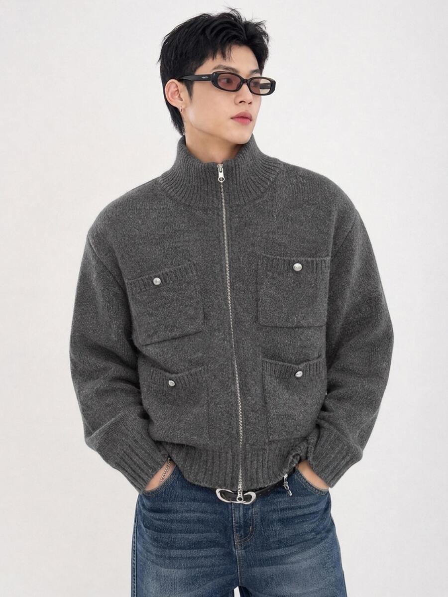 DAZY Spring/Autumn Dark Gray Pocket Cardigan For Men - Dark Grey - View 1