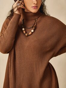 Nubod Plus Size Women's Knit Colorblock Long Sleeve Turtleneck Batwing Sweater, Comfortable Casual - Brown - View 7