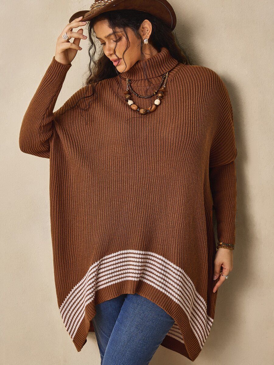 Nubod Plus Size Women's Knit Colorblock Long Sleeve Turtleneck Batwing Sweater, Comfortable Casual - Brown - View 1