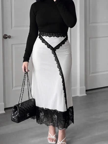 Lacomfia Rok Wanita Slim Fit Model Duyung dengan Desain Patchwork Renda, Serbaguna, Elegan, Warna Putih untuk Musim Gugur, Ukuran Plus - MultiWarna - View 2