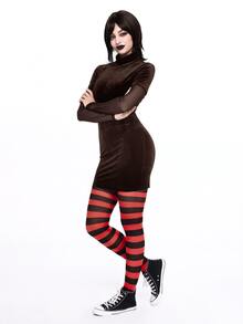 ROMWE Anime 女性用動漫萬聖節 Cosplay 裝扮服裝，天鵝絨對比色網紗袖緊身彈性迷你洋裝，秋冬款 - 棕色 - 查看 3