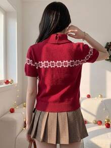 DAZY Áo len dệt kim tay ngắn cổ tròn họa tiết jacquard phong cách vintage cho nữ dịp Giáng Sinh - Đỏ - Xem 4