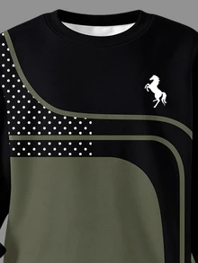 Teen Boys Striped Polka Dot Horse Logo Print Black & Green Colorblock Versatile Comfortable Crew Neck Sweatshirt + Army Green Jogger Cargo Pants Set, Suitable For All Seasons - Multicolor - View 4