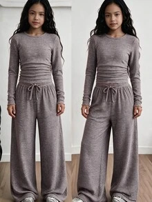 SHEIN 青少年女孩灰色羅紋針織長袖T恤與抽繩寬腿褲套裝，秋季休閒時尚日常穿搭 - 灰色 - 查看 1
