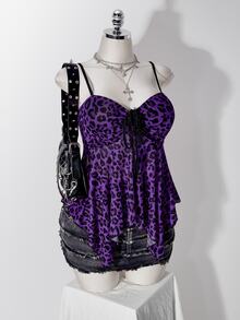 SHEIN ICON 女款大尺碼復古性感休閒千禧風 Y2K 龐克時尚個性玫瑰紅豹紋不對稱下擺抽褶綁帶背心 - 紫色 - 查看 7