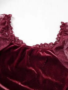 Rometta 大尺碼修身天鵝絨蕾絲長袖深色萬聖節洋裝，秋季派對婚禮賓客黑色哥德風優雅冬季禮服 - 酒紅色 - 查看 7