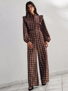 Nöista Geometric Print Ruffle Trim Jumpsuit - Brown - View 3