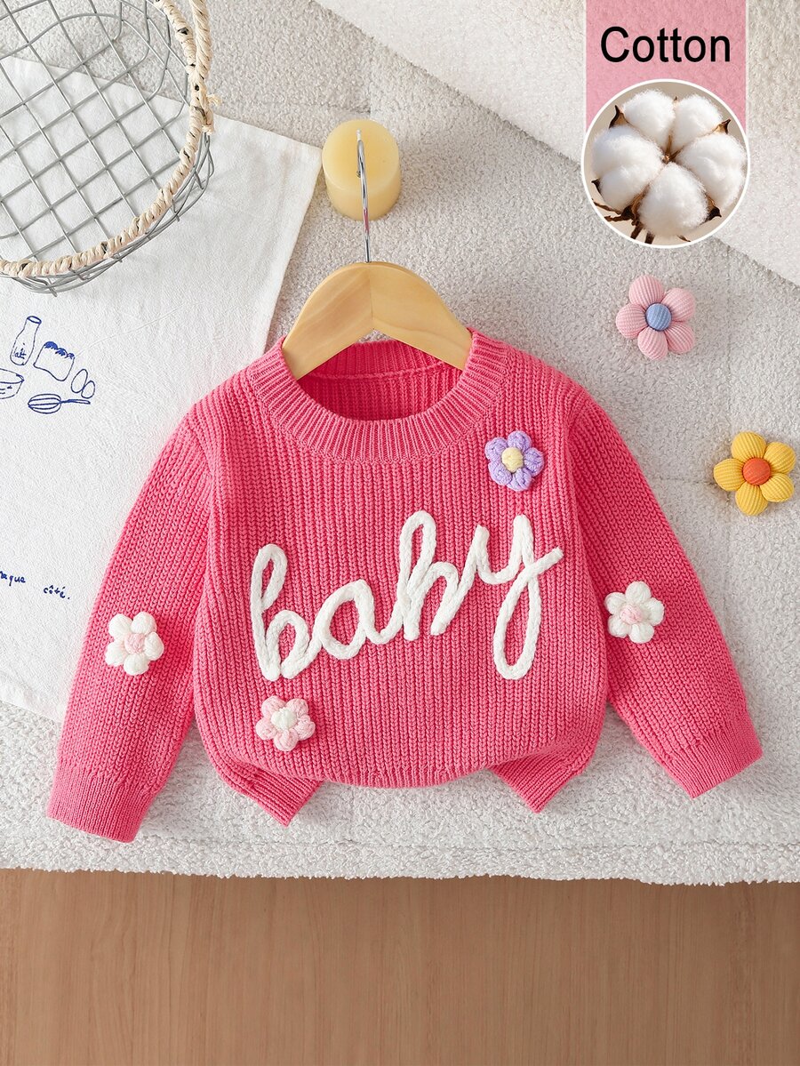 SHEIN 1件女嬰毛衣,粉色與白色,秋季,可愛,家庭套裝,圓領刺繡字母與3D花朵裝飾,柔軟長袖針織套頭衫 - 粉色 - 查看 1