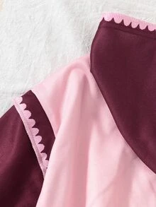 SHEIN 青少年女孩拼色抓絨內裡連帽衛衣套裝 可愛蝴蝶結圖案假兩件式衛衣與寬腿褲 2件組 秋冬保暖套裝 - 酒紅色 - 查看 8