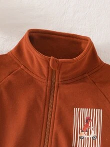 SHEIN 女童 2 件套，秋冬長袖拉鍊立領夾克 + 條紋慢跑褲，可愛卡通臘腸狗印花上衣，舒適休閒兒童服飾，適合學校、日常戶外穿著 - 棕色 - 查看 6