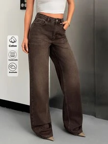 SHEIN Women High Waist Light Wash Wide Leg Casual Jeans Curve - Dark Wash - View 6