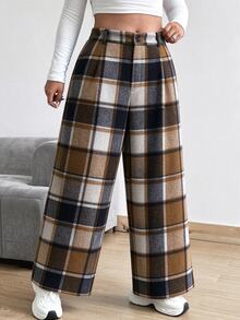 Vionelle Plus Size Loose Plaid Elastic Waist Straight Leg Pants, Women's Autumn/Winter - Multicolor - View 6