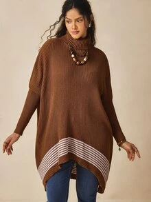 Nubod Plus Size Women's Knit Colorblock Long Sleeve Turtleneck Batwing Sweater, Comfortable Casual - Brown - View 5