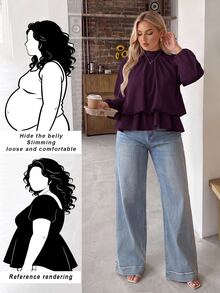 Auralis Coffee Brown Raglan Long Sleeve Plus Size Loose Waist Elastic Ruffle Hem Pullover Blouse Casual Top Elegant Office Formal Business Work Women Autumn - Purple - View 9