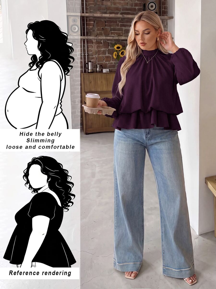 Auralis Coffee Brown Raglan Long Sleeve Plus Size Loose Waist Elastic Ruffle Hem Pullover Blouse Casual Top Elegant Office Formal Business Work Women Autumn