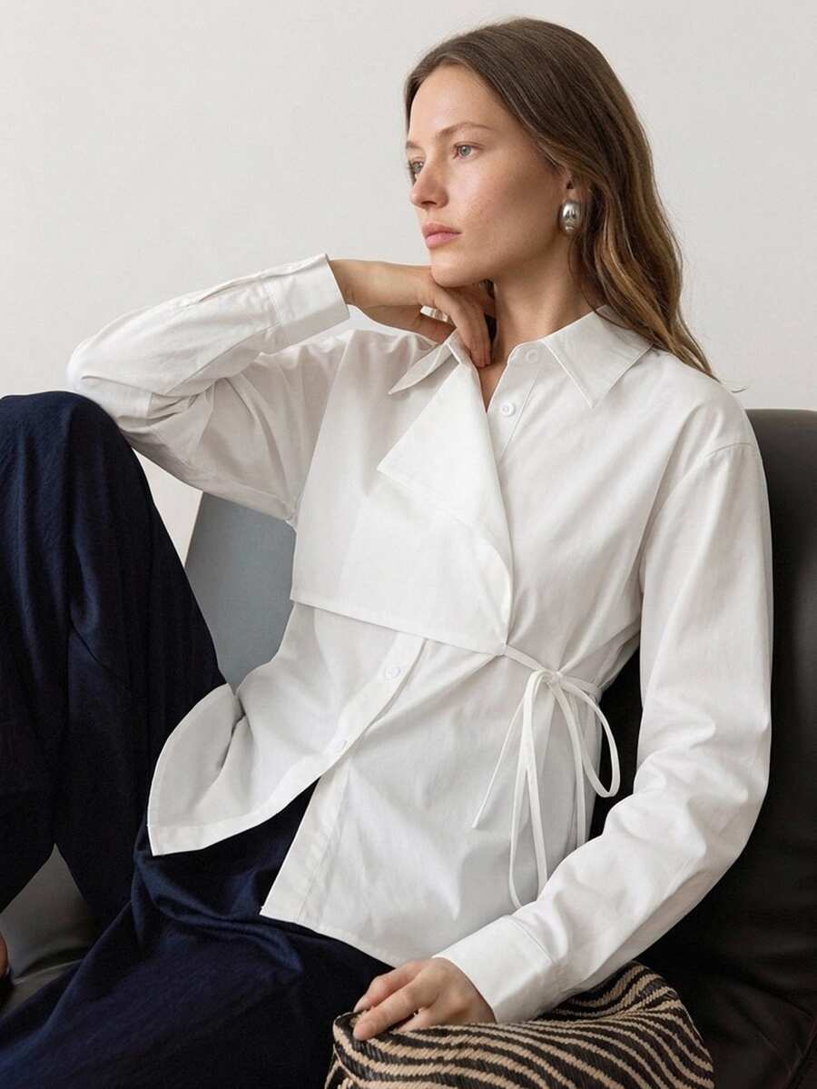 Dazy-Less Women's White Collared Button Long Sleeve Loose Casual Commute Versatile Elegant Blouse, Autumn/Winter - White - View 1