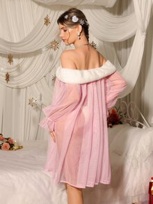 DelicateAllure Women's Cold Shoulder Contrast Color Ruffle Butterfly Clip Tie Decor Mesh Long Sleeve Nightgown, Girly Style - Pink - View 2