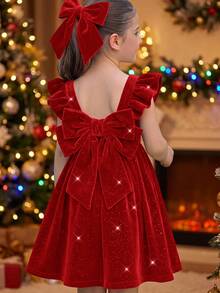 SHEIN 女童深酒紅色休閒純色洋裝 - 紅色 - 查看 1