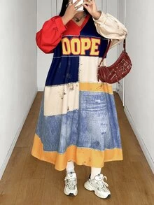 Maweii Colorblock Patchwork V-Neck Letter Print Long Sleeve Dress Sweatshirt - Multicolor - View 4
