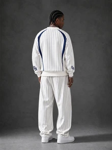 GENIUS ODE Men's Letter Print Striped Colorblock Pullover Sweatshirt And Pants Set - Multicolor - View 2