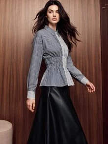Anewsta Fashionable Women's Elegant New Commuter Casual Patchwork Striped Pleated Button-Down Shirt - Blue - View 5
