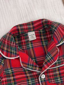 SHEIN 新生兒男嬰女嬰休閒舒適百搭可愛紅色格紋連身衣居家服聖誕睡衣 - 紅色 - 查看 12