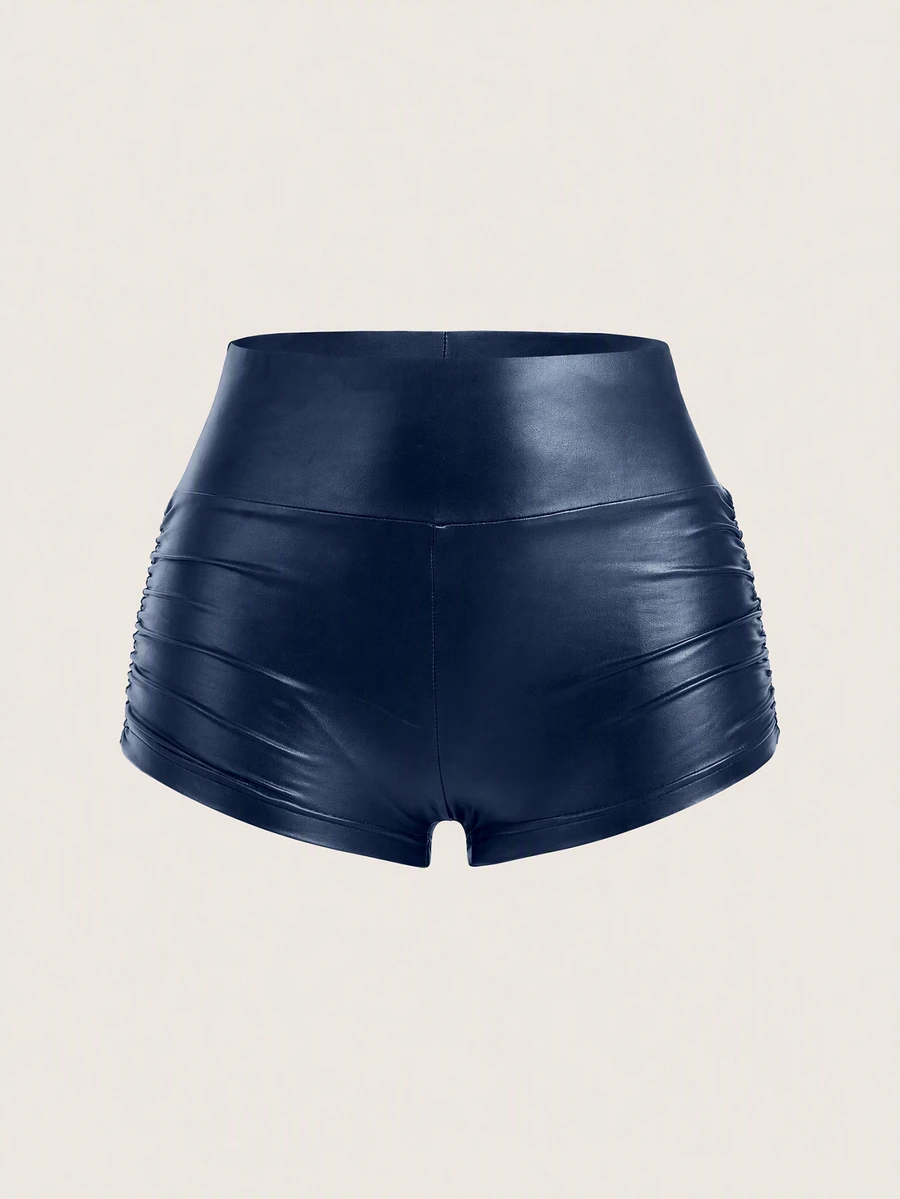SHEIN EZwear 女款純色抓皺黑色PU皮革短褲 夏季性感夜店風 - 藏蓝色 - 查看 1