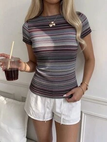 SHEIN EZwear 女款圓領條紋修身短袖時尚百搭T恤 - 彩色 - 查看 3
