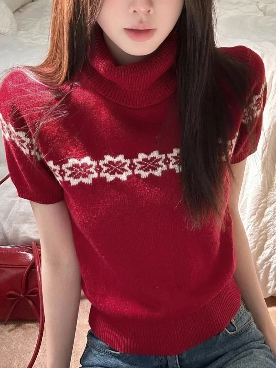 DAZY Áo len dệt kim tay ngắn cổ tròn họa tiết jacquard phong cách vintage cho nữ dịp Giáng Sinh - Đỏ - Xem 1