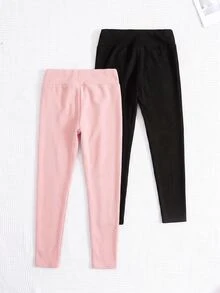 SHEIN 青少年女孩兩件式貼身抓絨保暖內搭褲，腰部貼布裝飾，時尚秋冬款 - 彩色 - 查看 7