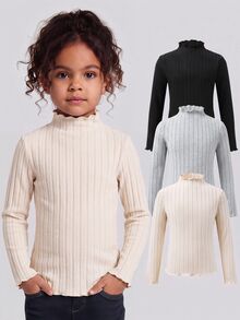 3pcs Tween Girls' Casual All-Match Solid Color Ribbed Lettuce Trim Mock Neck T-Shirts - Multicolor - View 3