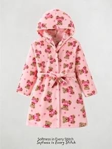 Girls Cute Bear & Heart Print Hooded Fleece Bath Robe, Long Sleeve Belted Warm Fluffy Sleepwear Robe For Tween Girl - Dusty Pink - View 6