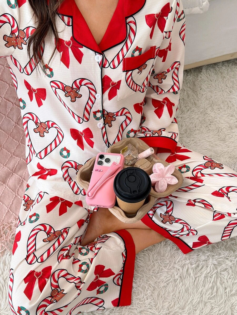 SweetSlumber Sweet Cute INS Christmas Candy Cane Bow Gingerbread Man Print Colorblock Collared Button-Front Woven Women's Pajama Set - Multicolor - View 1